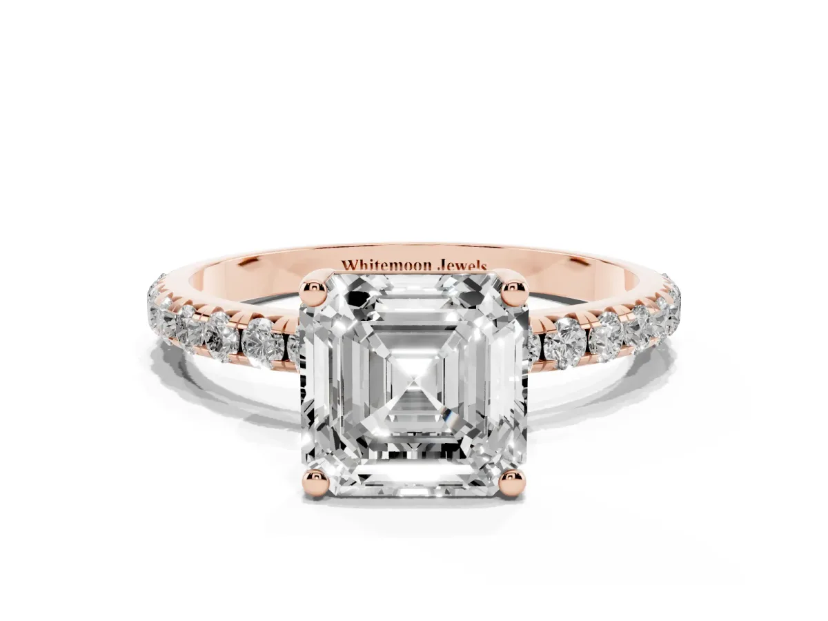 Asscher Cut Cut Diamond Solitaire Ring with Micro Pave Band and Four Prong Setting Rose gold