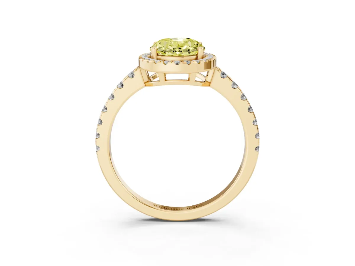 Fancy Yellow Oval Cut Diamond Halo Ring with Pavé Band and Four-Prong Setting Yellow gold