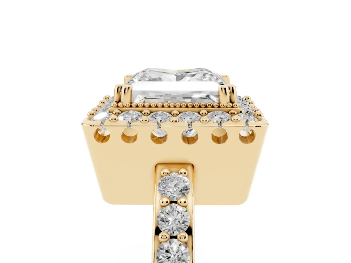 Princess Cut Diamond Halo Ring with Pavé Band and Prong Setting Yellow gold