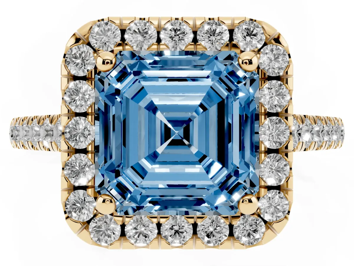 Fancy Blue Asscher Cut Halo Pavé Diamond Engagement Ring with Four-Prong Setting Yellow gold
