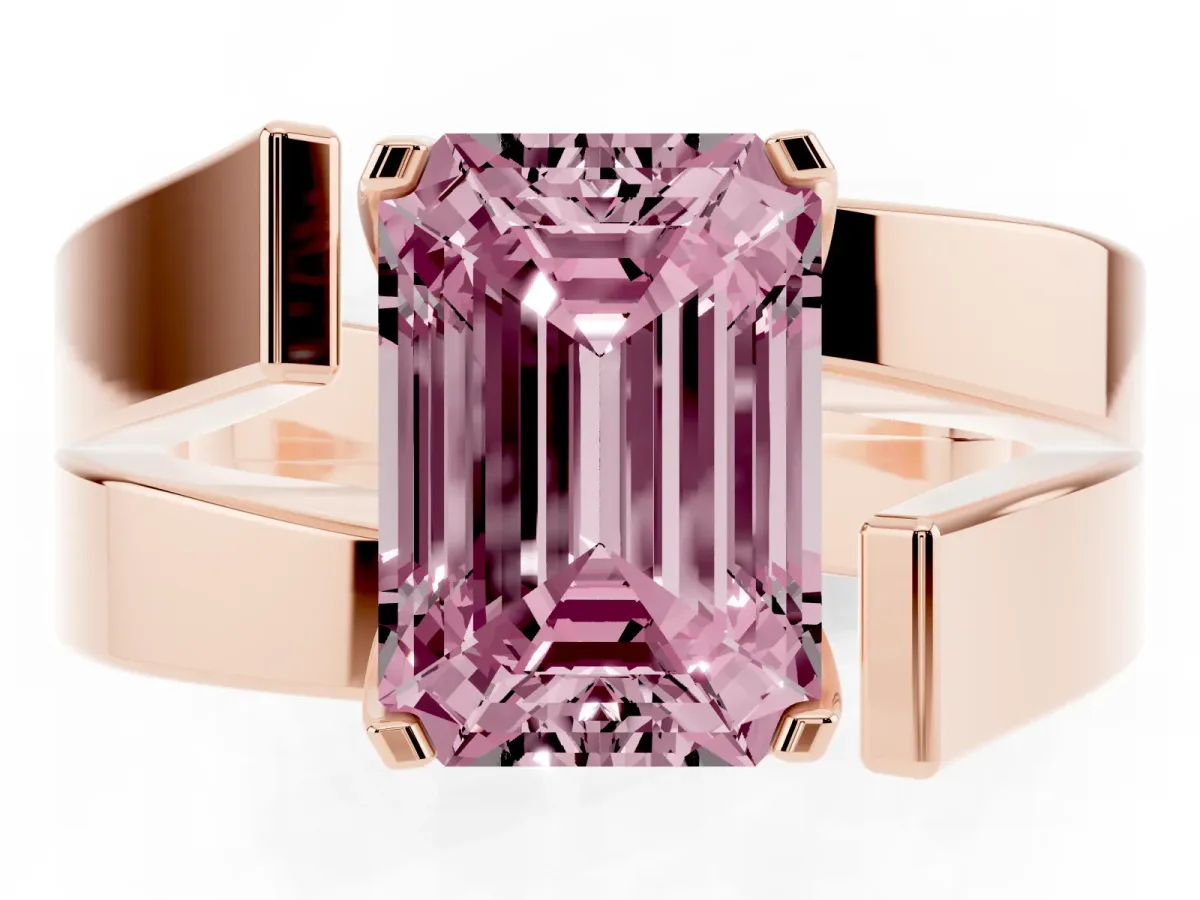 Fancy Pink Modern Tension Set Emerald Cut Diamond Solitaire Wide Band Ring Rose gold