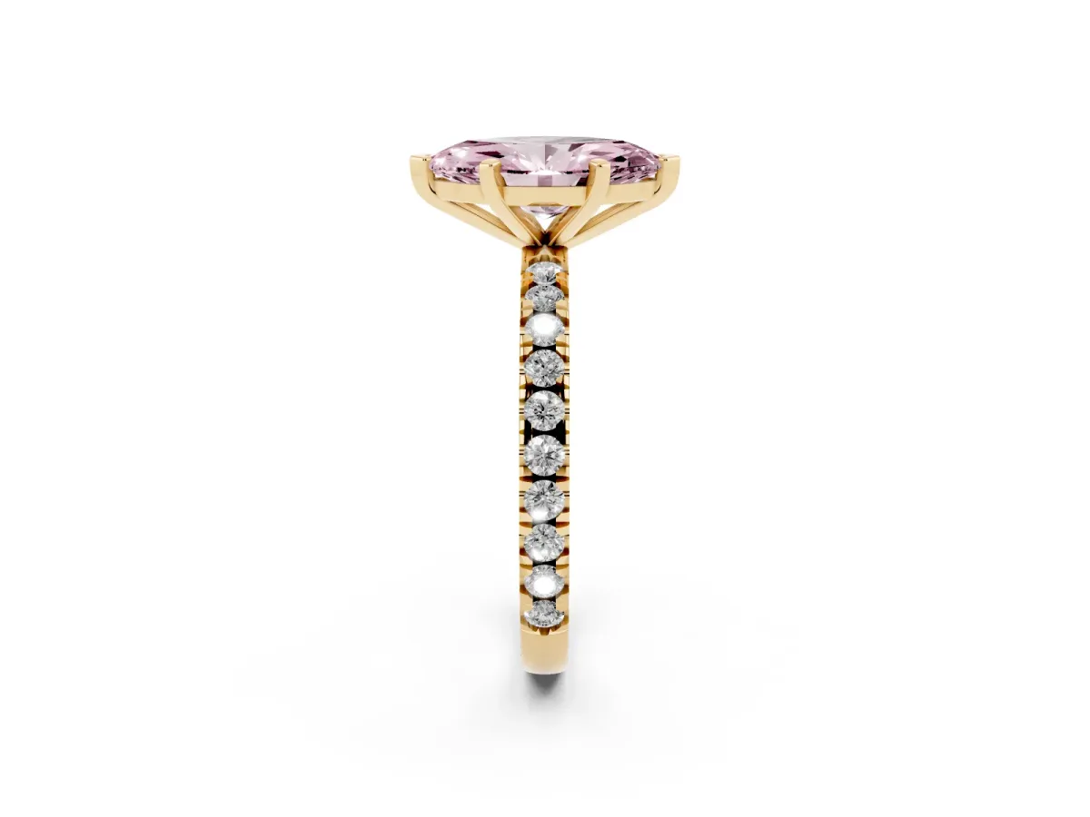 Fancy Pink Marquise Cut Diamond Pavé Band Solitaire with Four-Prong Setting Yellow gold