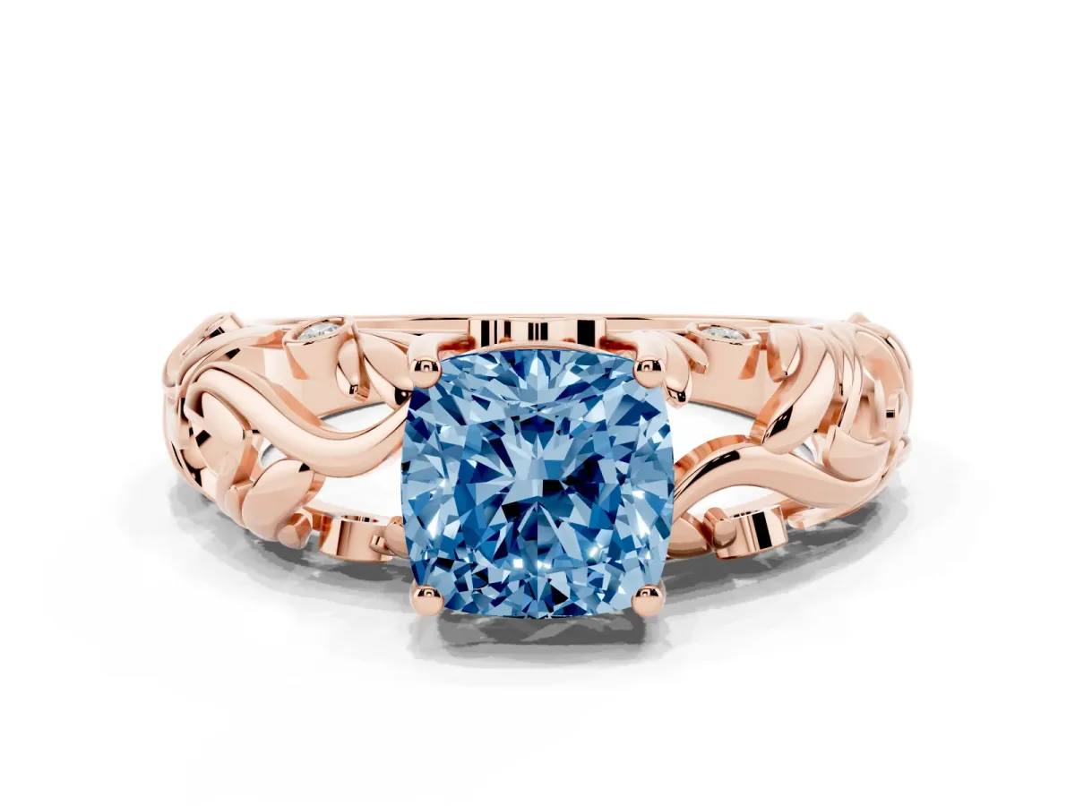 Fancy Blue Cushion Cut Solitaire Diamond Leaf-Inspired Vine Band Ring with Prong Setting Rose gold