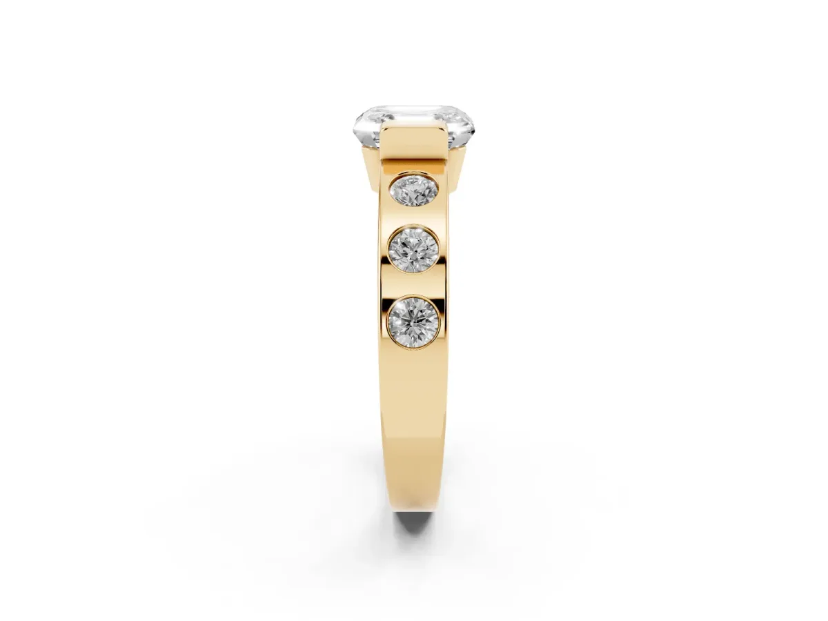 Asscher Cut Brilliant Channel-Set Diamond Ring with Bezel Prong Setting Yellow gold