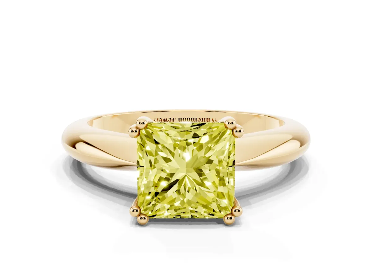 Fancy Yellow Princess Cut Cut Solitaire Engagement Ring with Tapered Band and Four-Prong Setting Yellow gold