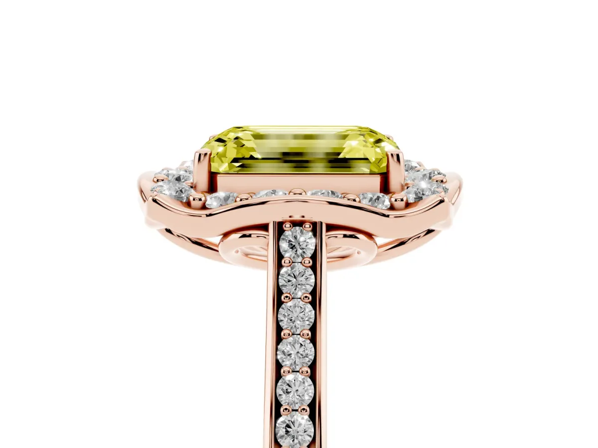 Fancy Yellow Emerald Cut Halo Round Diamond Pave Band with Four-Prong Setting Rose gold