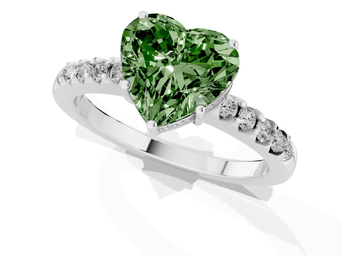 Fancy Green Heart Cut Solitaire Diamond Engagement Ring with Pavé Band and Six-Prong Setting White gold