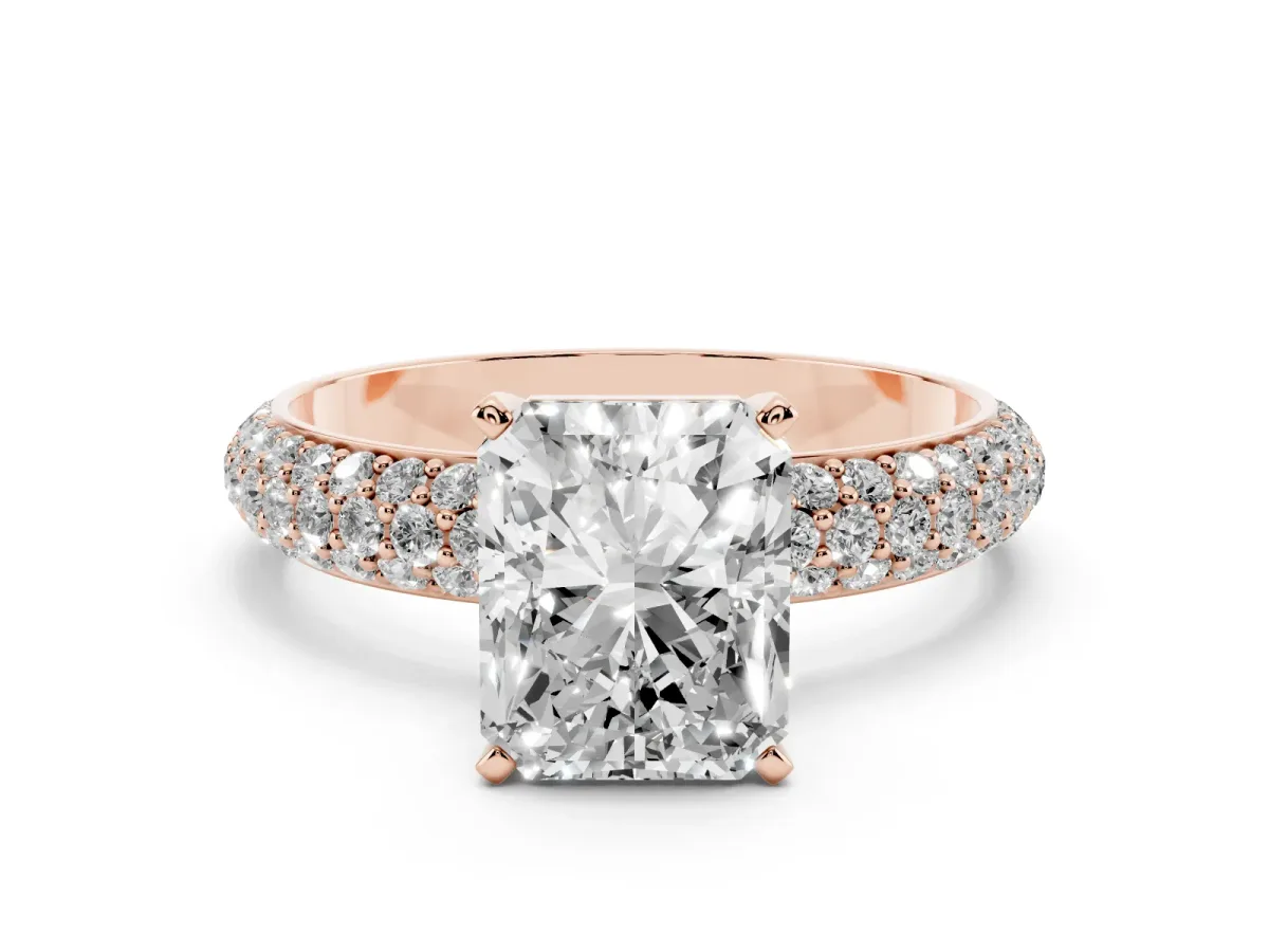 Radiant Cut Diamond Solitaire Ring with Prong Setting and Pavé Band Rose gold