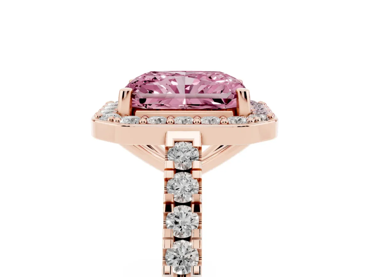 Fancy Pink Radiant Cut Diamond Halo Ring with Round Pavé Split Shank and Prong Setting Rose gold