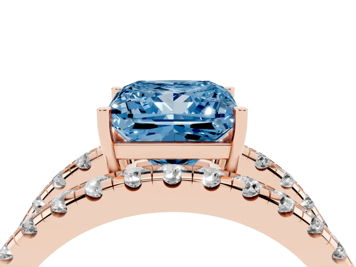 Fancy Blue Princess Cut Solitaire Split Shank Pave Diamond Ring Rose gold