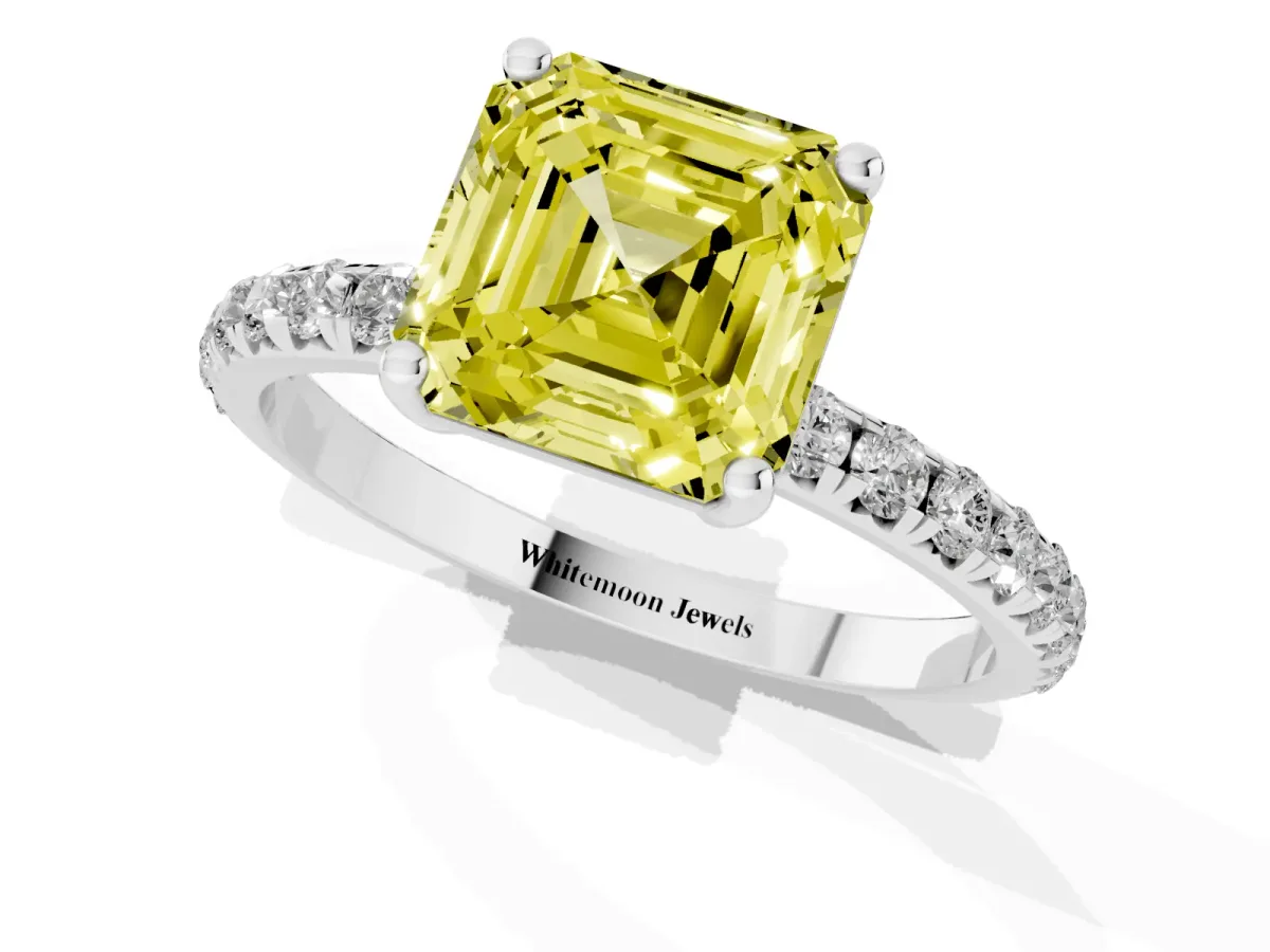 Fancy Yellow Asscher Cut Cut Diamond Solitaire Ring with Micro Pave Band and Four Prong Setting Platinum