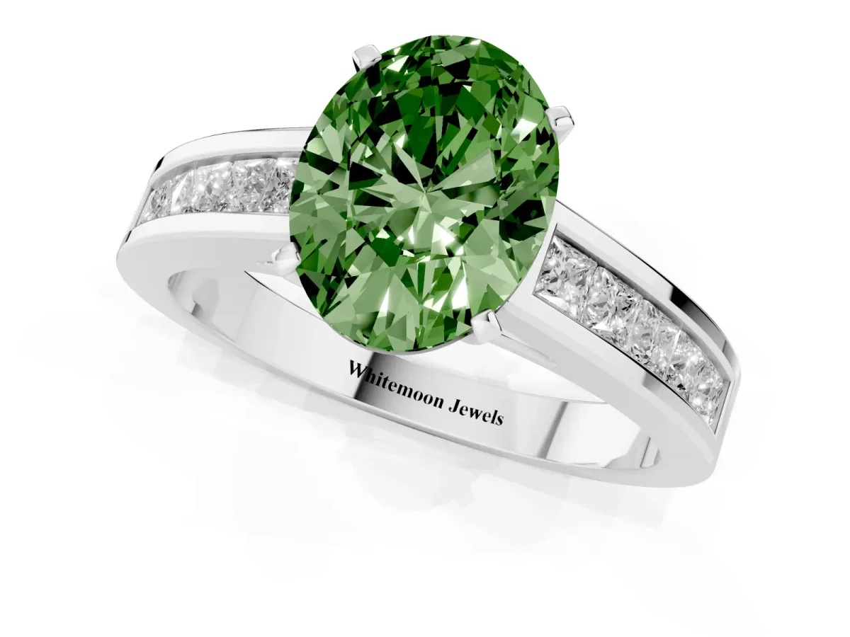 Fancy Green Oval Cut Solitaire Diamond Ring with Channel-Set Band and Four-Prong Setting Silver