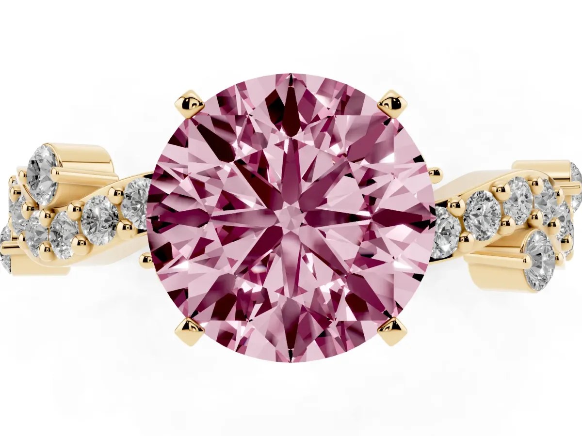 Fancy Pink Round Cut Cut Solitaire Diamond Twisted Band with Pave Setting Yellow gold