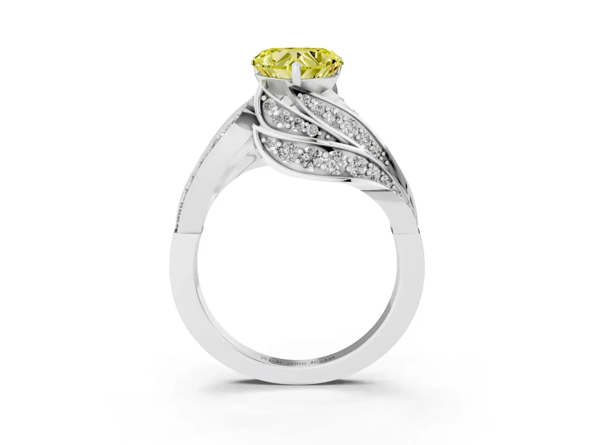 Fancy Yellow Heart Cut Diamond Solitaire Ring with Prong Setting and Twisted Pavé Band White gold