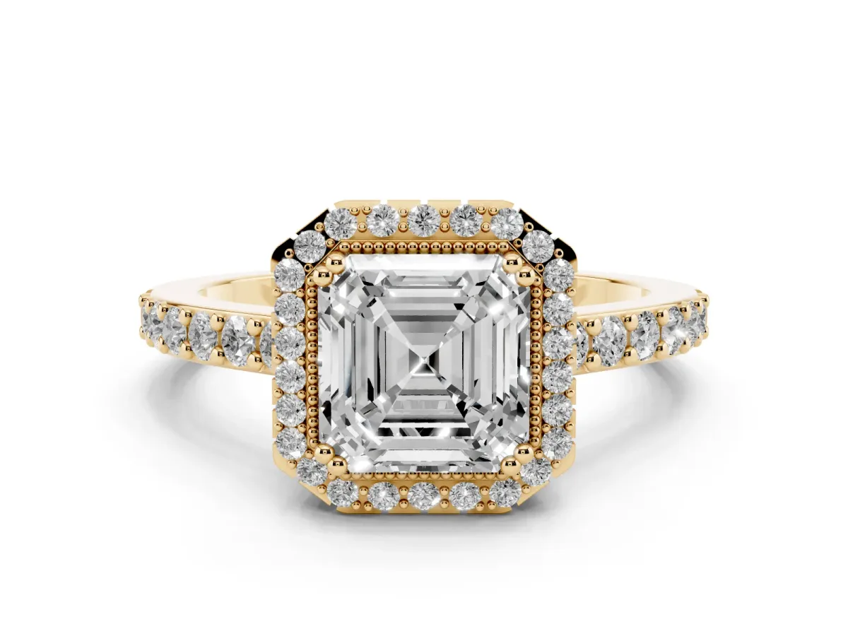 Asscher Cut Cut Diamond Halo Engagement Ring with Milgrain Detail and Pavé Band Yellow gold