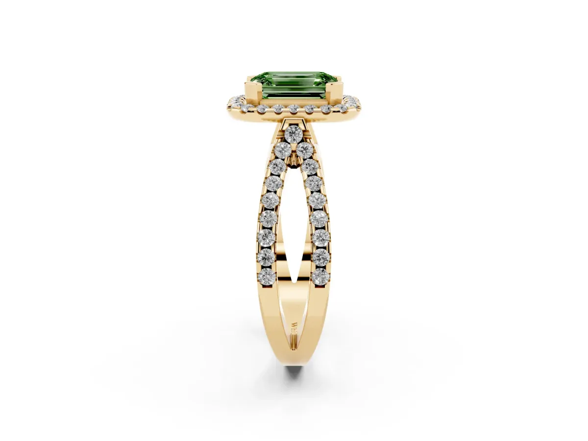 Fancy Green Emerald Cut Diamond Halo Ring with Split Shank Pavé Band and Prong Setting Yellow gold