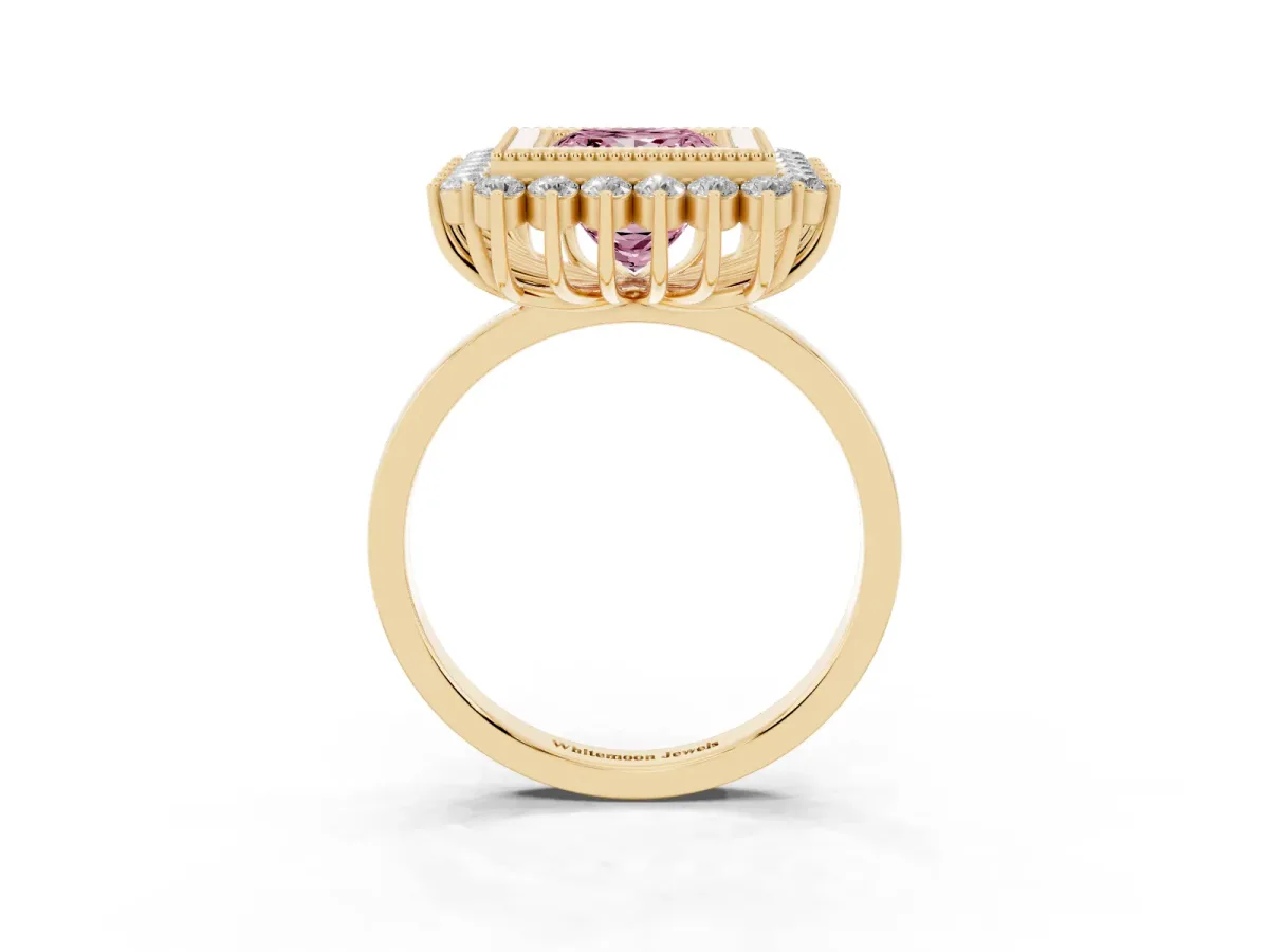 Fancy Pink Princess Cut Halo Diamond Ring with Milgrain Edge and Round Prong Setting Yellow gold