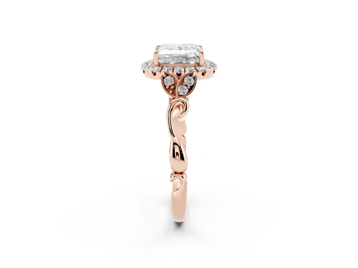 Princess Cut Halo Diamond Engagement Ring with Vintage-Inspired Band and Four-Prong Setting Rose gold