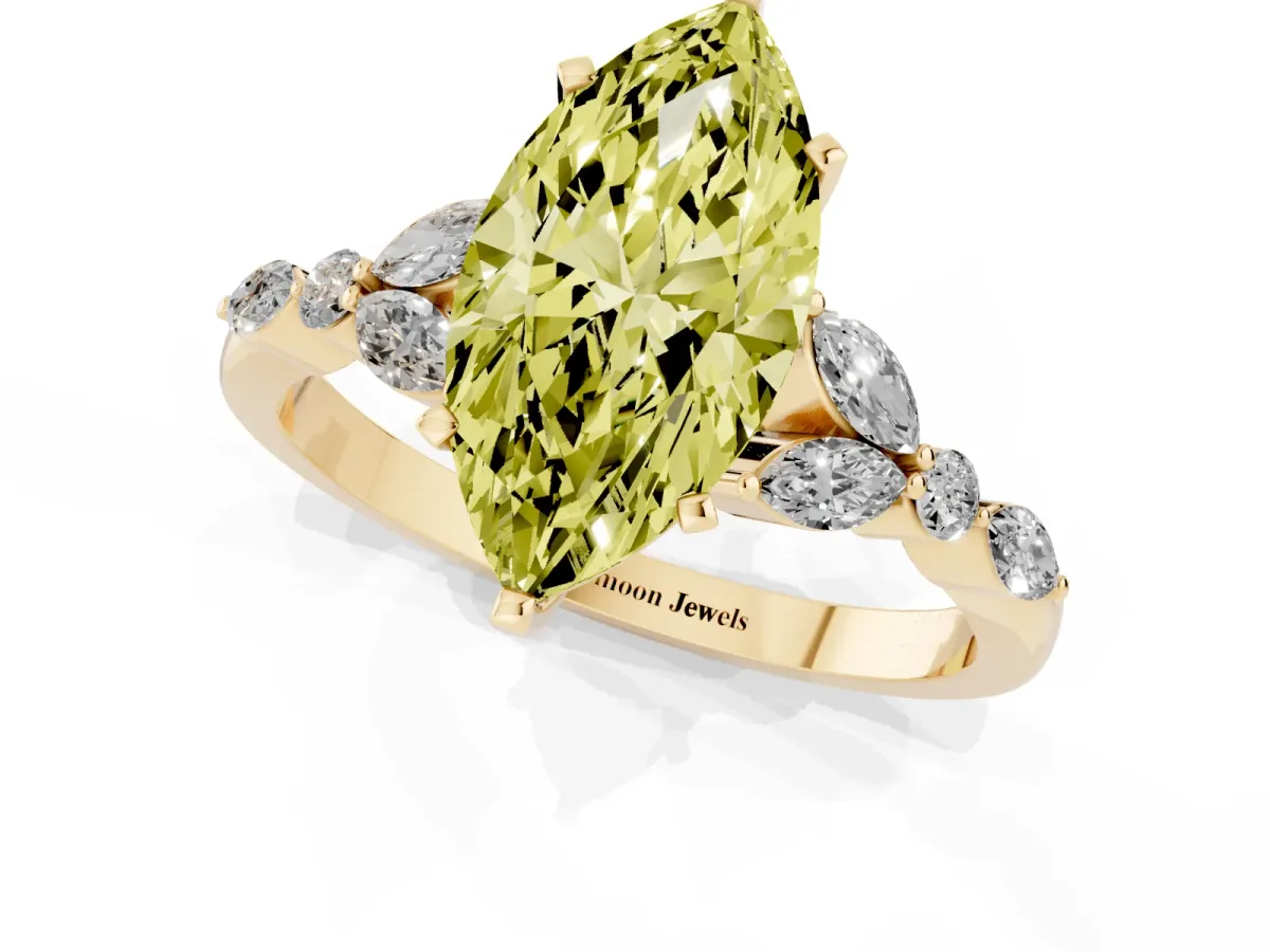 Fancy Yellow Marquise Cut Diamond Solitaire Ring with Side Stones and Four-Prong Setting Yellow gold
