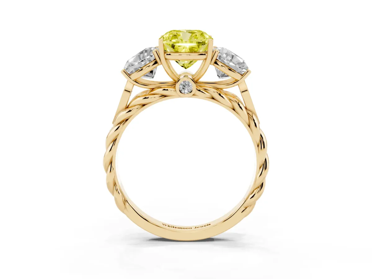 Fancy Yellow Three-Stone Cushion Cut Diamond Braided Band Ring with Four-Prong Setting Yellow gold
