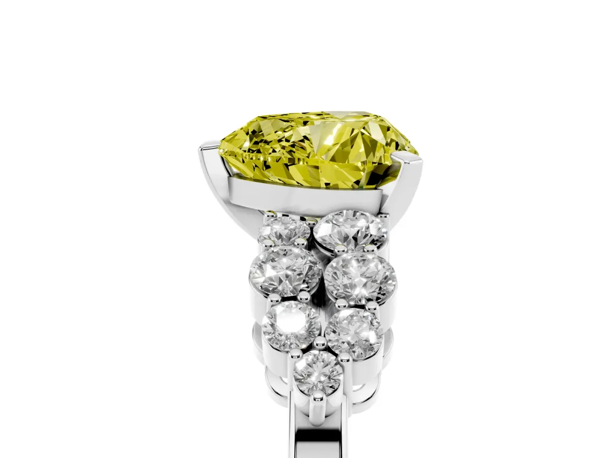 Fancy Yellow Heart Cut Cluster Diamond Engagement Ring with Pavé Band and Four-Prong Setting White gold
