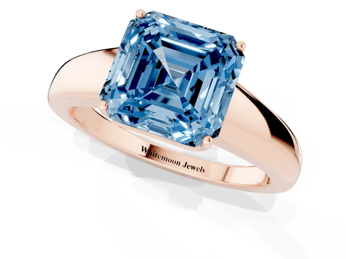 Fancy Blue Asscher Cut Solitaire Diamond Ring with Tapered Band and Four-Prong Setting Rose gold