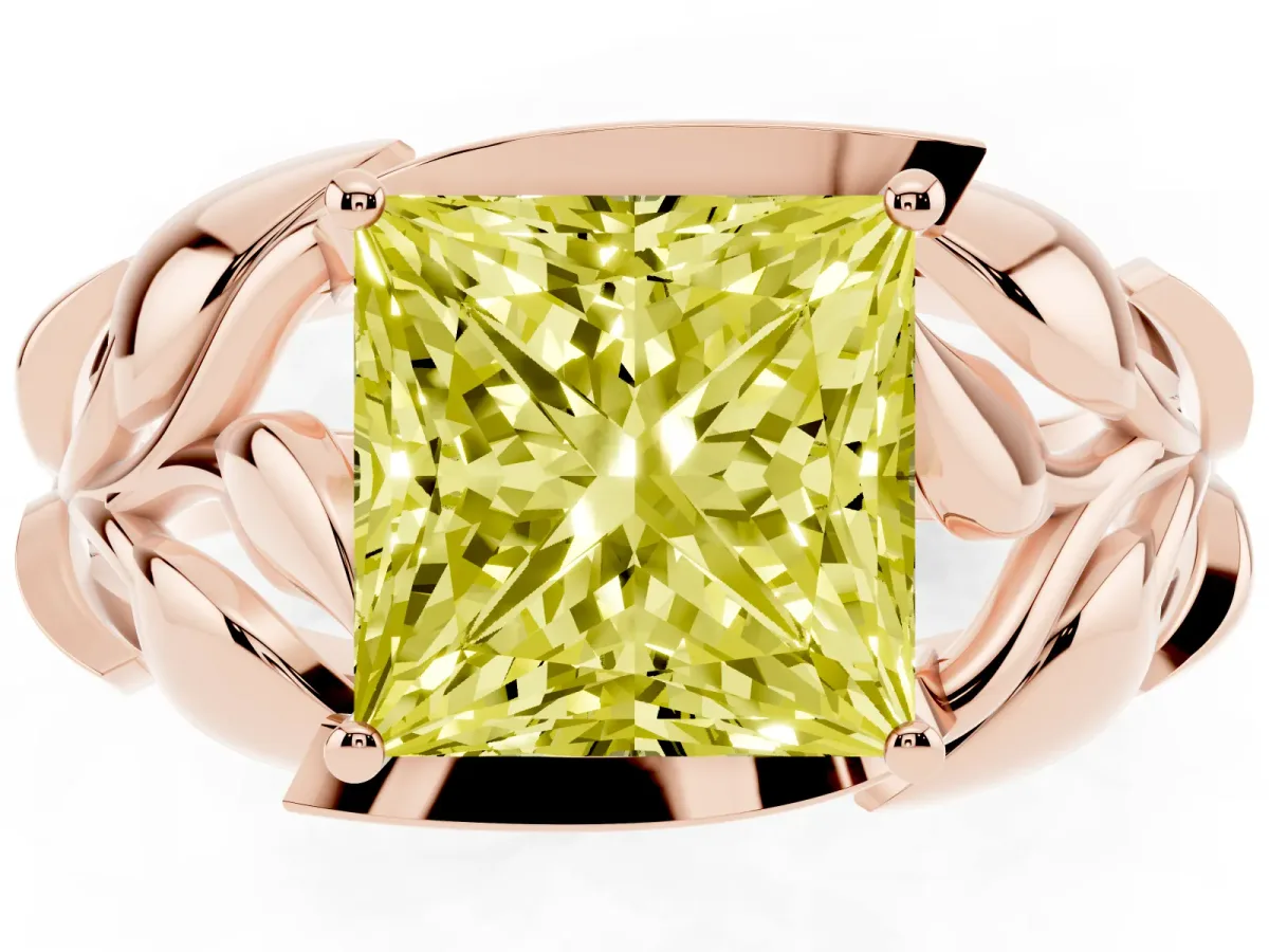 Fancy Yellow Princess Cut Diamond Leaf-Inspired Engagement Ring with Round Accents and Prong Setting Rose gold