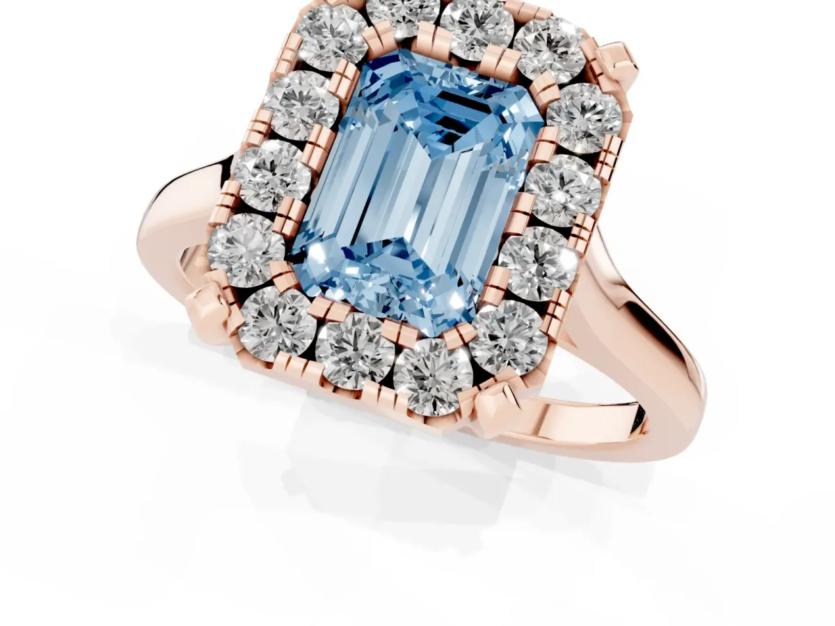 Fancy Blue Emerald Cut Diamond Cluster Halo Solitaire with Four-Prong Setting Rose gold
