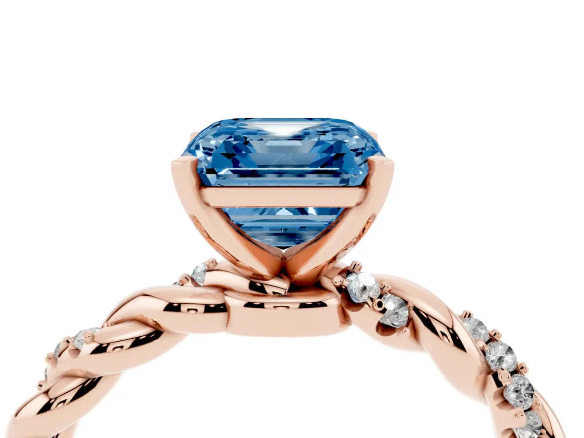 Fancy Blue Asscher Cut Diamond Solitaire Ring with Twisted Band and Pavé Accents Rose gold