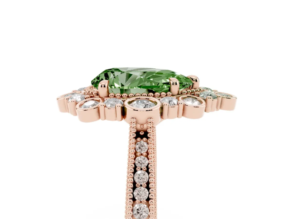 Fancy Green Pear Cut Halo Milgrain Pave Diamond Ring with Four-Prong Setting Rose gold
