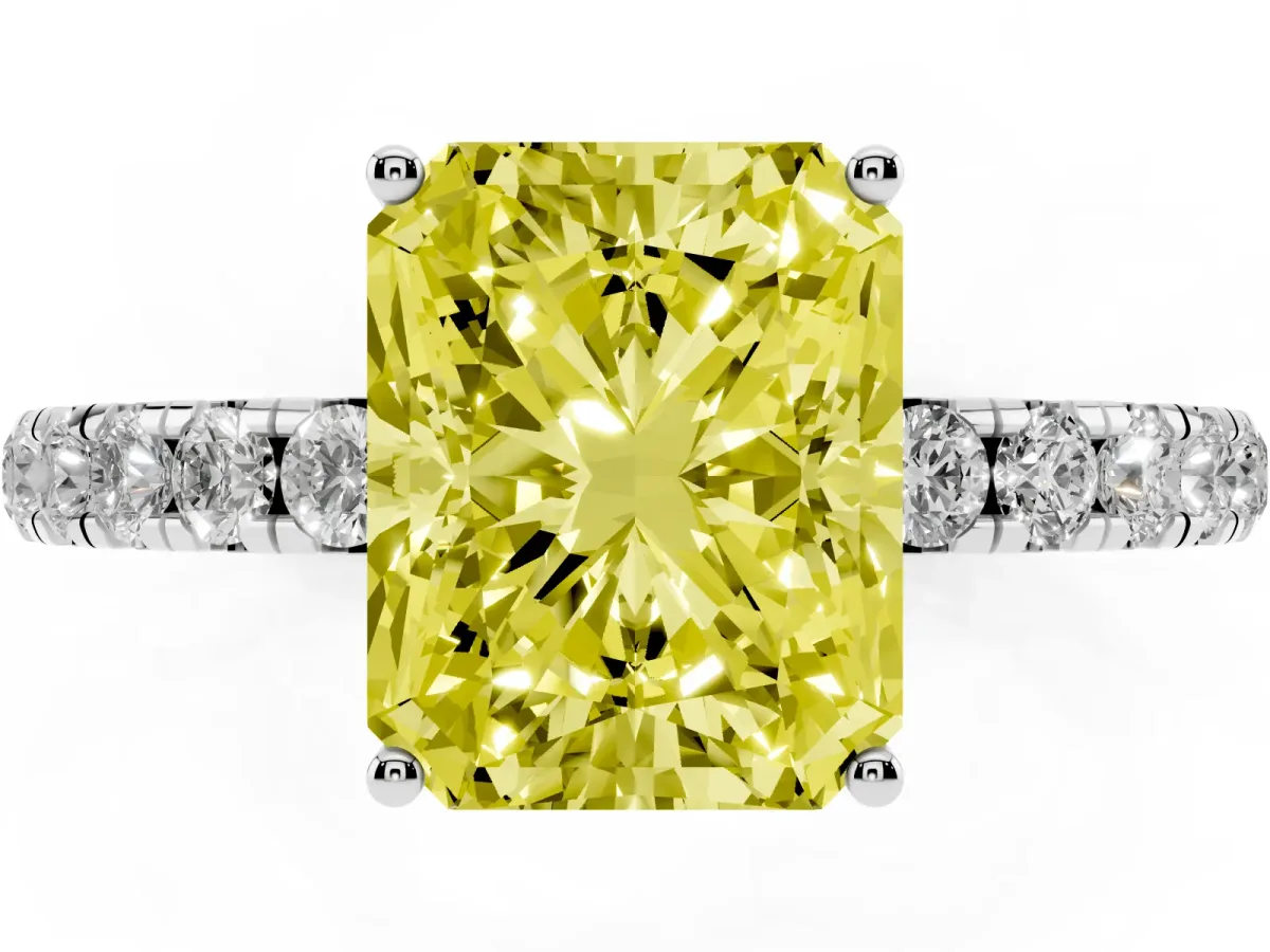 Fancy Yellow Radiant Cut Diamond Pavé Solitaire Engagement Ring with Four-Prong Setting Silver
