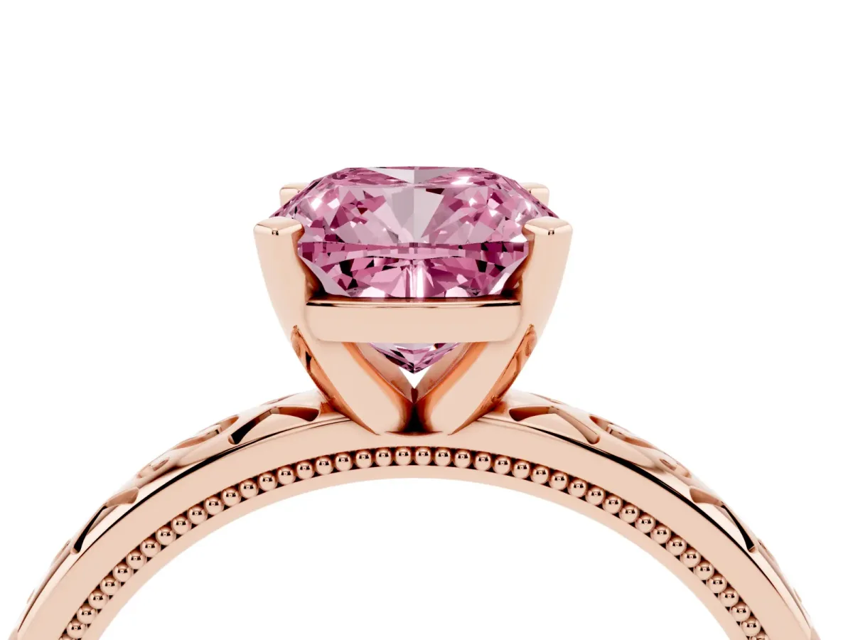 Fancy Pink Cushion Cut Solitaire Engagement Ring with Scrollwork Band and Four-Prong Setting Rose gold
