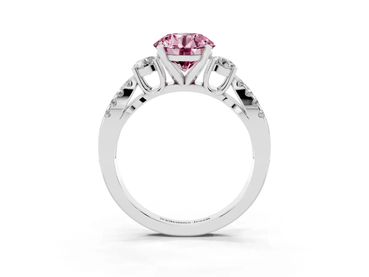 Fancy Pink Round Cut Diamond Three-Stone Ring with Pavé Split Shank and Four-Prong Setting Silver