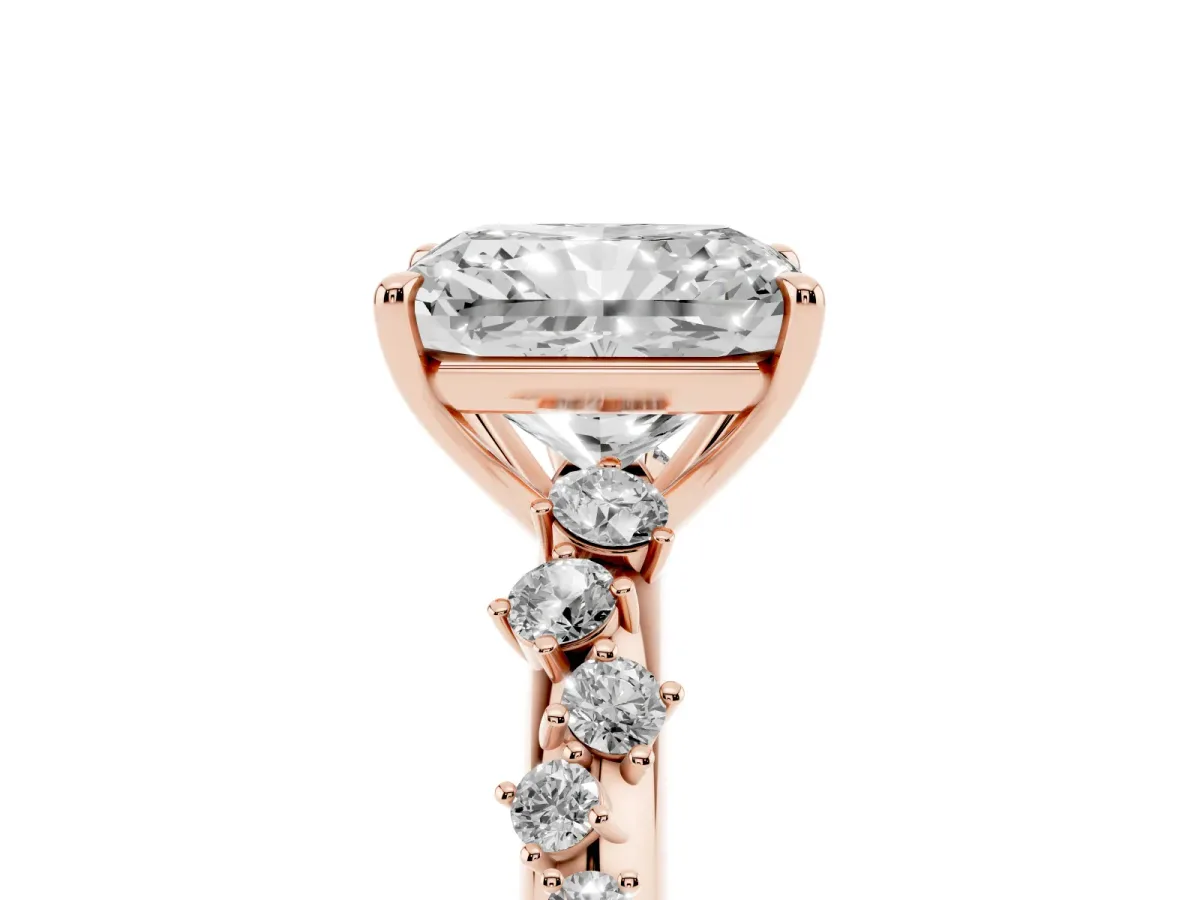 Radiant Cut Diamond Cluster Side Stone Solitaire Ring with Prong Setting Rose gold