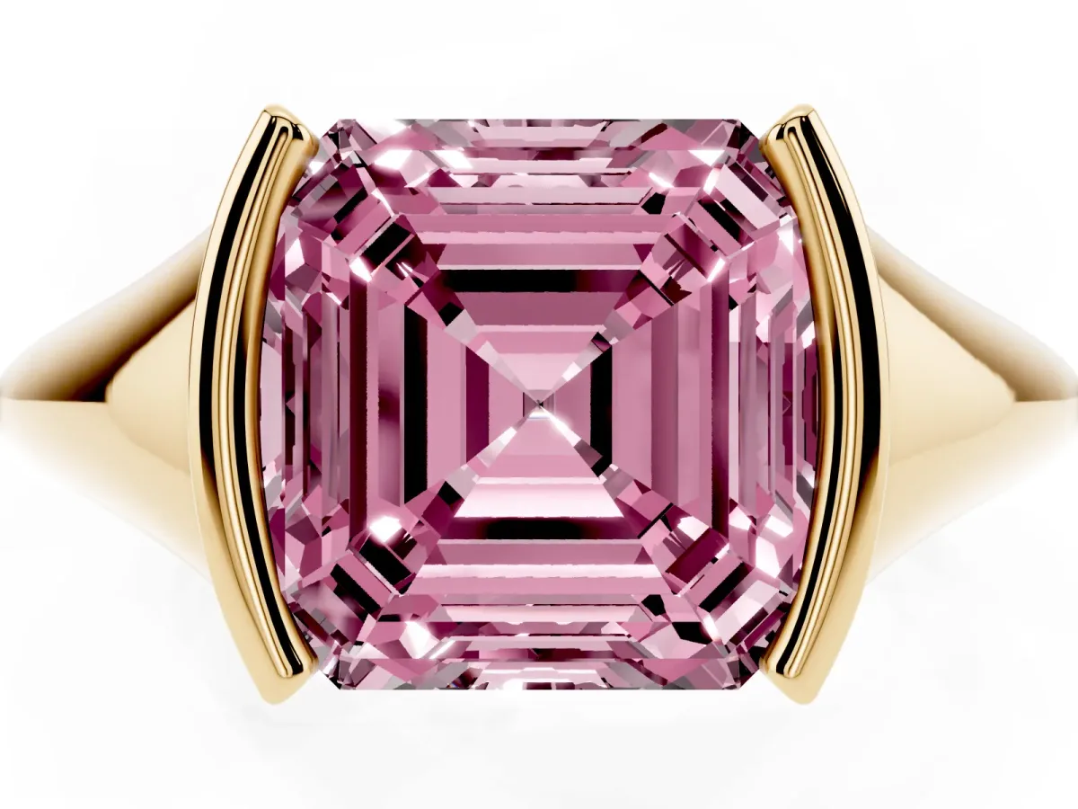 Fancy Pink Asscher Cut Solitaire Tension Set Diamond Ring Yellow gold