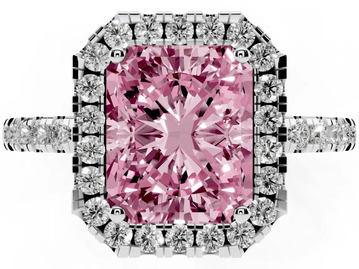 Fancy Pink Radiant Cut Halo Diamond Engagement Ring with Pavé Band and Four-Prong Setting Platinum