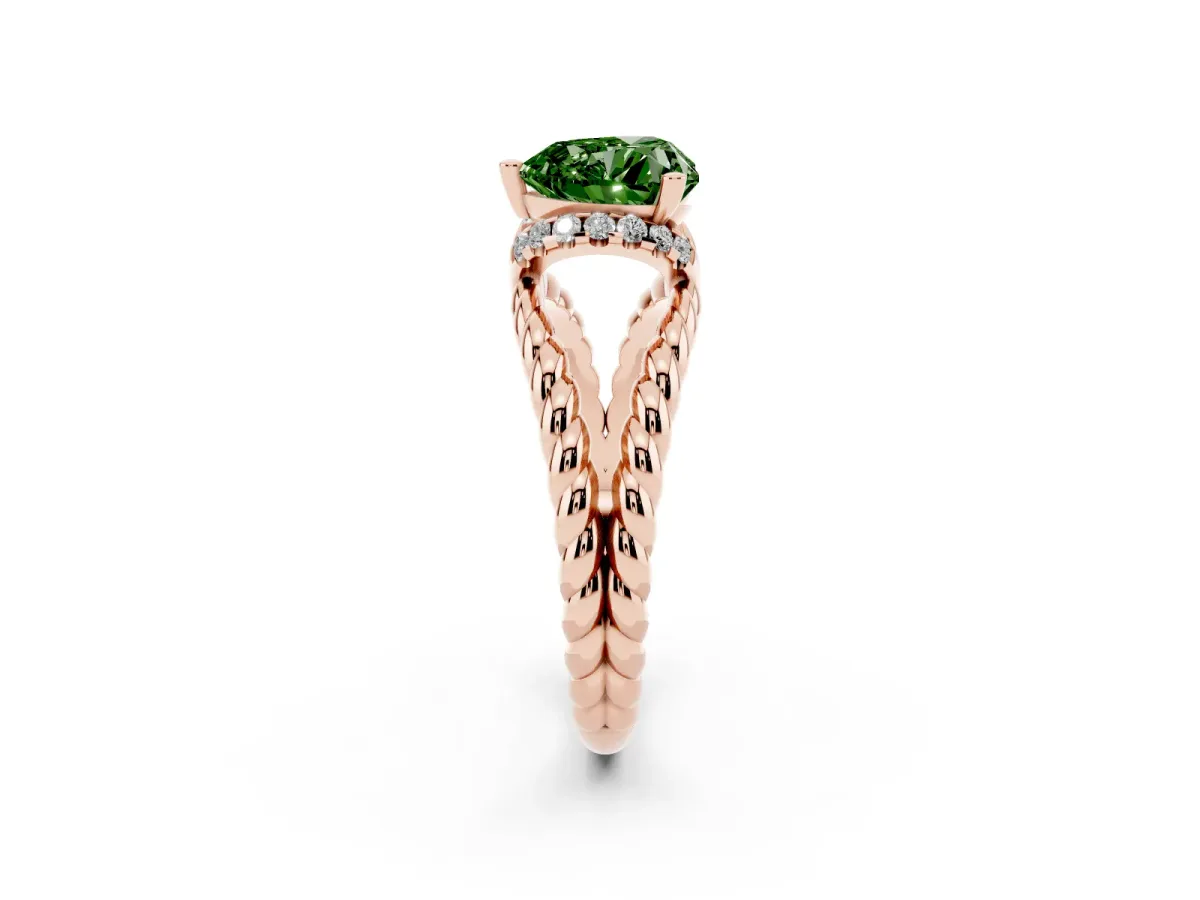Fancy Green Heart Cut Halo Twisted Band Four-Prong Ring Rose gold