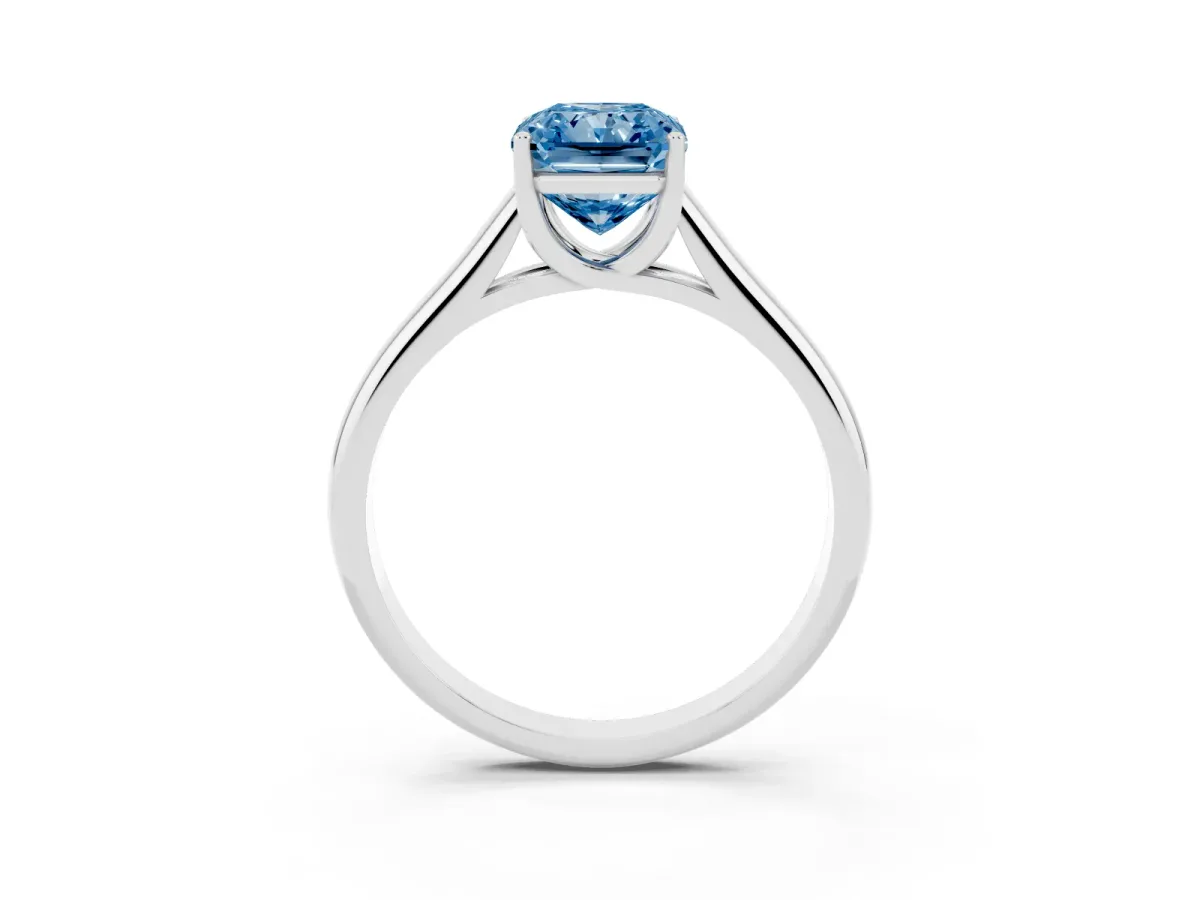 Fancy Blue Radiant Cut Solitaire Engagement Ring with Tapered Band and Four-Prong Setting Platinum