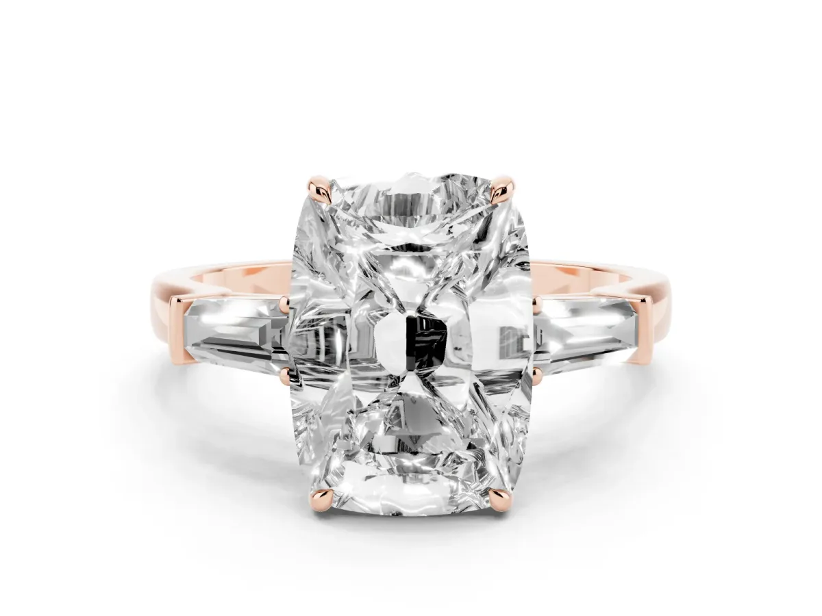 Old Mine Elongated Cushion Diamond with Side Tapered Baguette Three Stone Ring Rose gold
