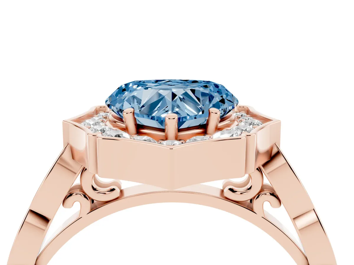 Fancy Blue Heart Cut Halo Diamond Engagement Ring with Milgrain Band and Four-Prong Setting Rose gold