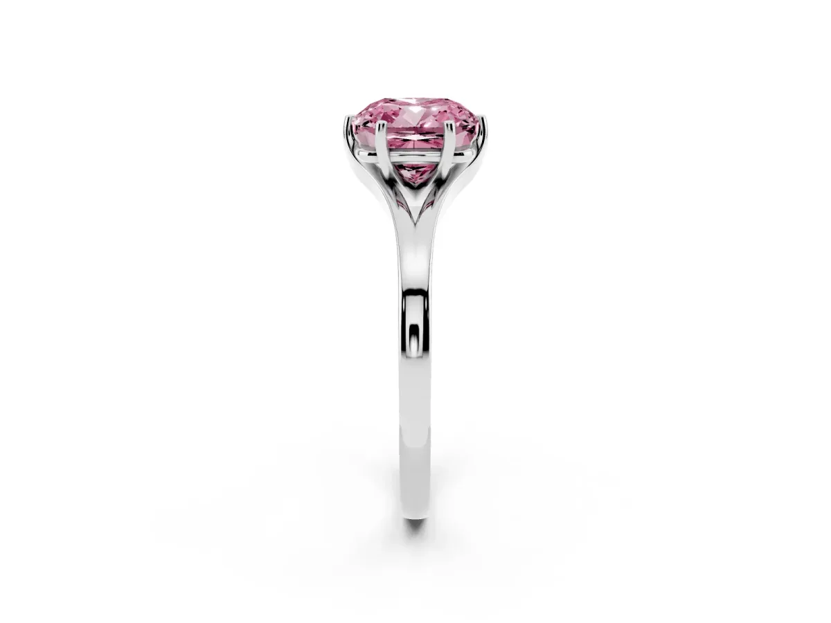 Fancy Pink Cushion Cut Solitaire Diamond Ring with Six-Prong Setting and Tapered Band Platinum