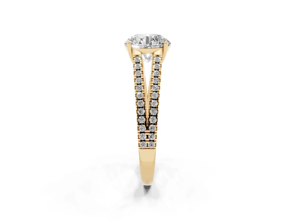 Round Cut Diamond Solitaire Engagement Ring with Split Shank Pavé Band Yellow gold
