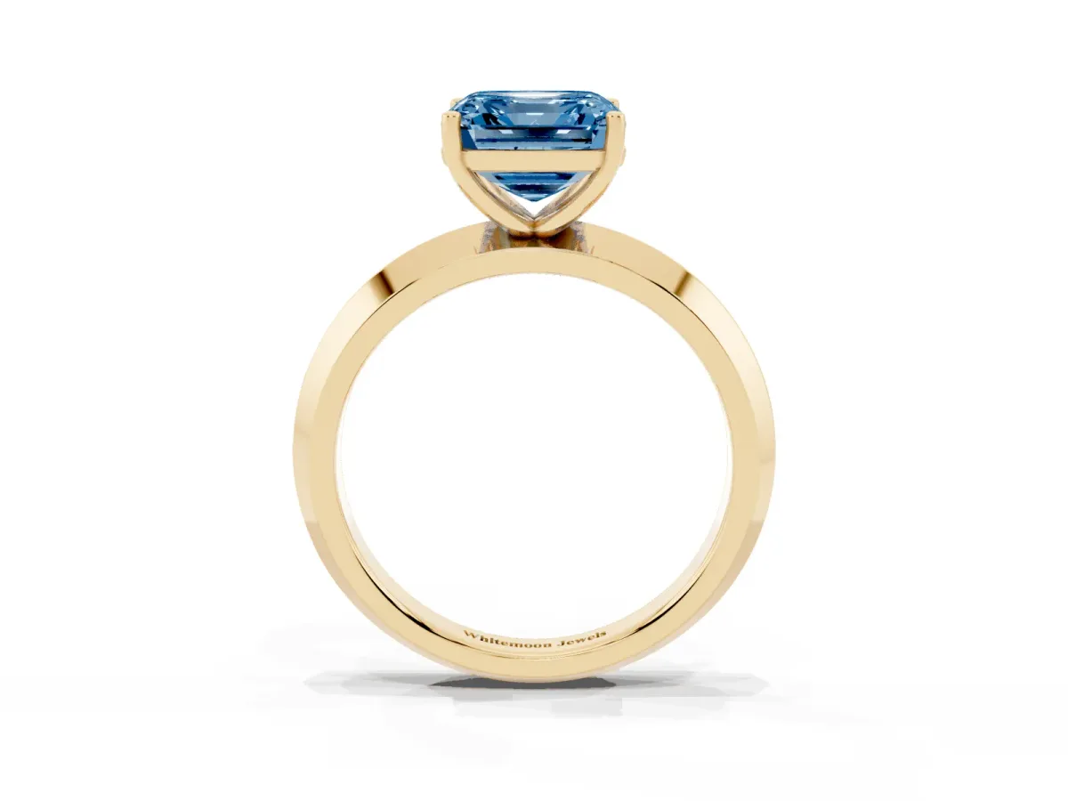 Fancy Blue Asscher Cut Cut Solitaire Engagement Ring with Flat Band and Four-Prong Setting Yellow gold