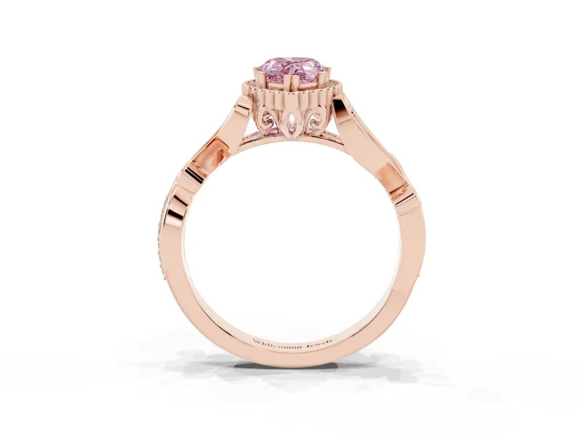 Fancy Pink Pear Cut Diamond Halo Ring with Vintage Split Shank and Four-Prong Setting Rose gold
