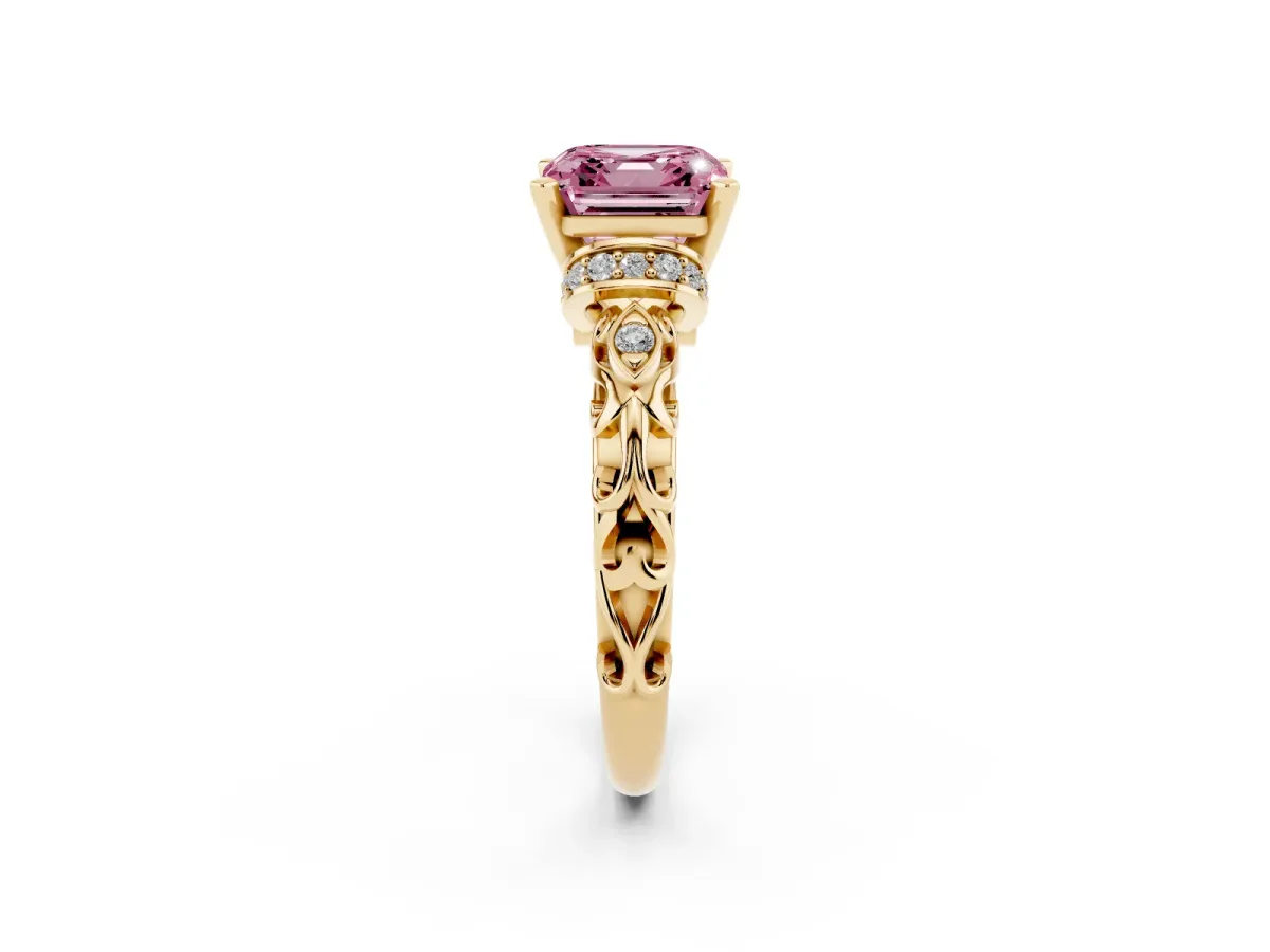 Fancy Pink Asscher Cut Diamond Solitaire Ring with Filigree Band and Four-Prong Setting Yellow gold