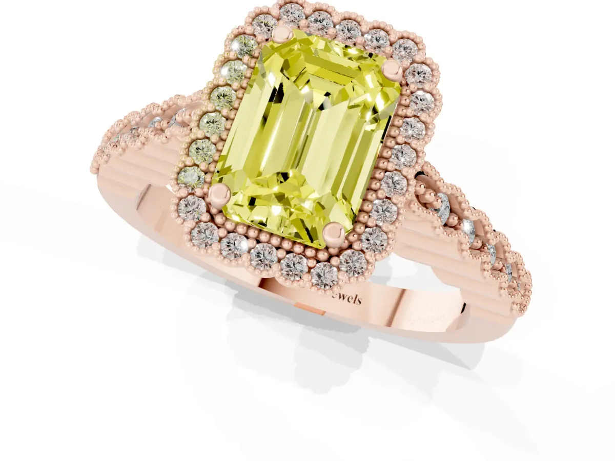Fancy Yellow Emerald Cut Cut Halo Pavé Solitaire Ring with Milgrain Band Rose gold