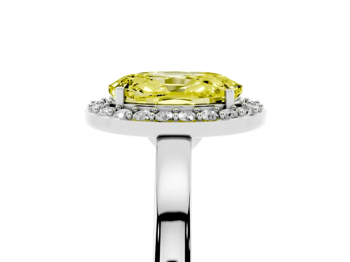Fancy Yellow Oval Cut Halo Diamond Ring with Solitaire Band and Prong Setting Silver