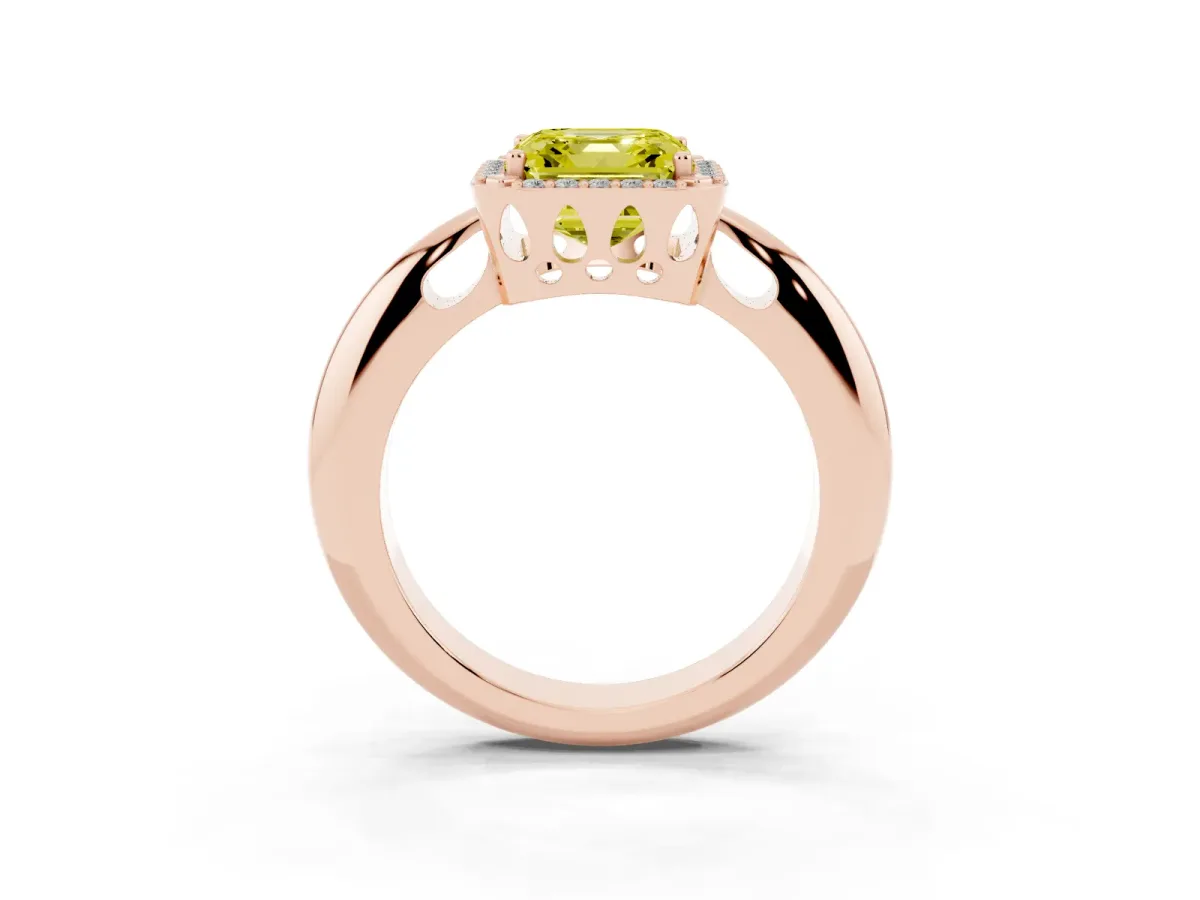 Fancy Yellow Asscher Cut Cut Diamond Halo Engagement Ring with Split Shank and Four-Prong Setting Rose gold