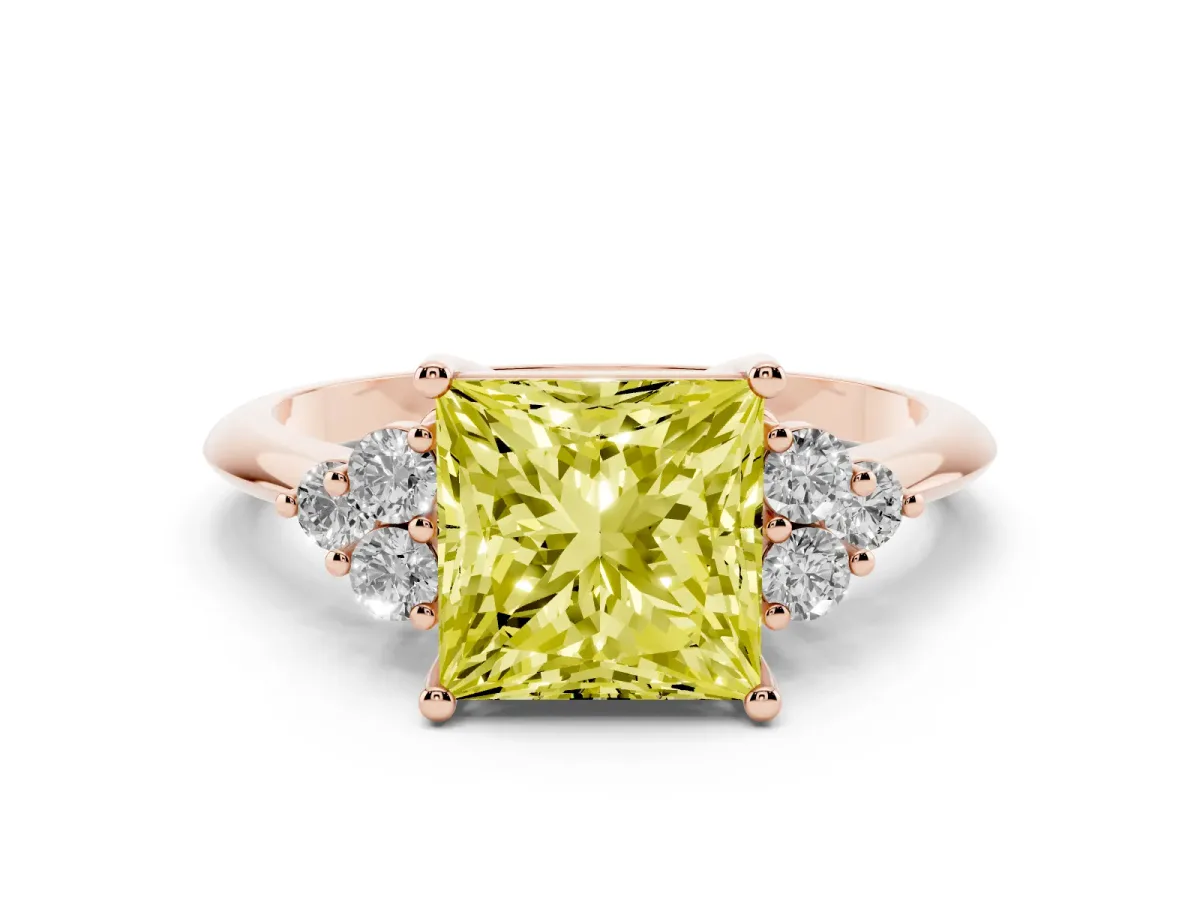 Fancy Yellow Princess Cut Cut Diamond Cluster Ring with Solitaire Band and Four-Prong Setting Rose gold