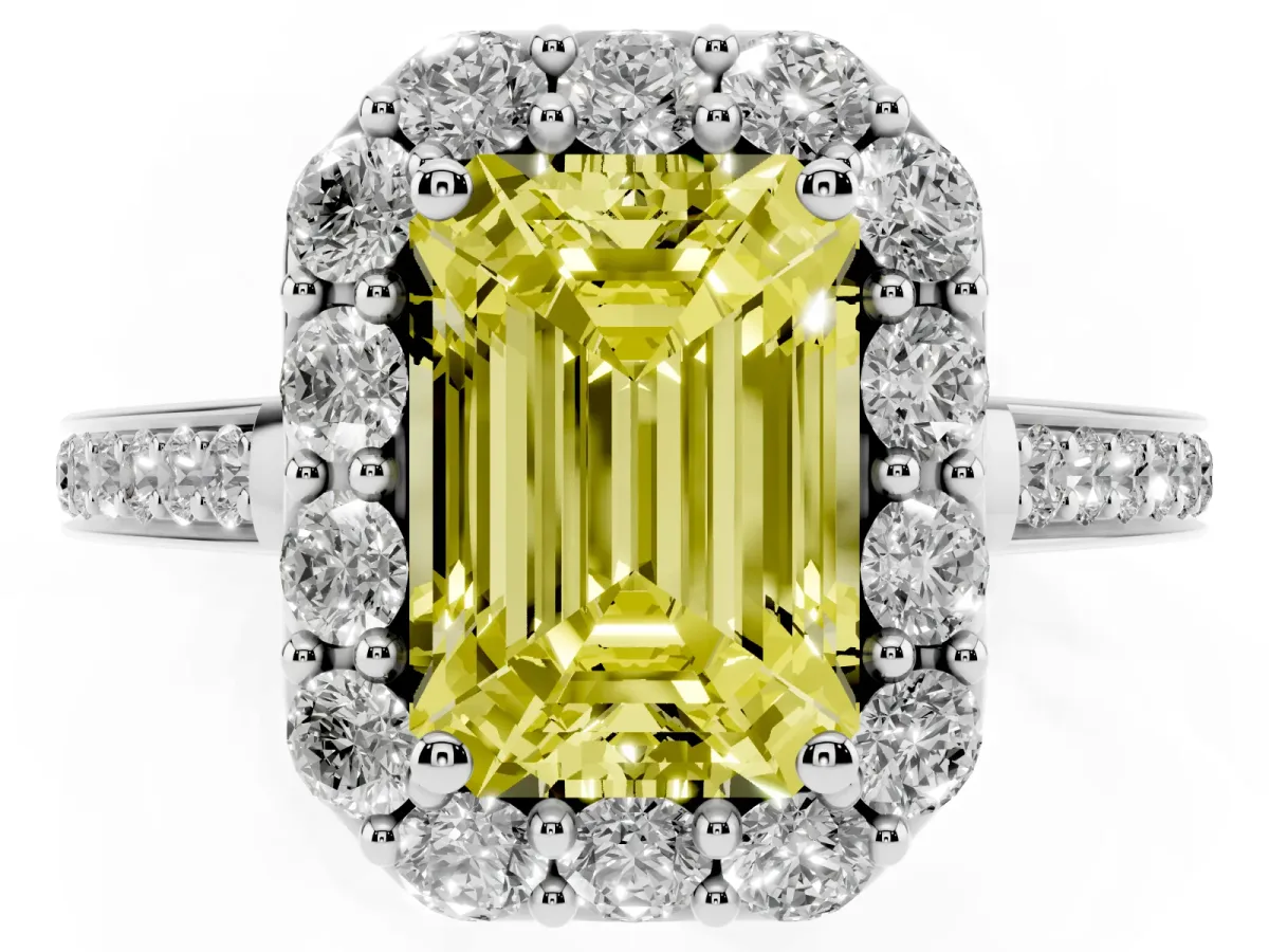 Fancy Yellow Emerald Cut Diamond Floral Halo Ring with Pavé Band and Prong Setting Silver
